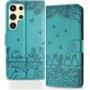 Butnyeoe Cover per Samsung Galaxy S22 Ultra 5G Libro,Gatti/Fiori Motivo in Rilievo Custodia,PU Pelle Protettiva Portafoglio Flip Wallet Case Con Slot per Schede e Magnetica Supporto,Blu-Verde