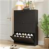 VOWNER Scarpiera Slim, Scarpiera Portascarpe in Legno, Scarpiera Ingresso, Regolabili, con 3 Ante a Ribalta e Doppia Profondita, 80x117x24 cm (LxAxP) (Nero)