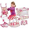 BAKAJI Playset Bambola e Accessori 5 in 1 con Culla Lettino e Carrozzino Pieghevoli Palestrina Gioco Marsupio Porta Bambolotto e Borsa Rivestimento in Tessuto Struttura Metallo