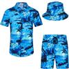 SPKPKEY Camicia hawaiana da uomo e pantaloncini, set da 2 pezzi, casual, con bottoni, estivi, da spiaggia, con cappelli alla pescatora, Blu & Palma, M