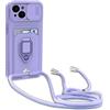 Dllatui Cover Compatibile con iPhone 14 Plus, Cover con Cordino Tracolla, Slidable Fotocamera Protezione Custodia,Supporto,Slot Schede, Silicone Case (Porpora)