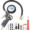 VSSHE Manometro per Pneumatici 220PSI Pistola Digitale per Pneumatici e Compressore con 8 Tappi Valvola 2 Ugelli 1 Valvola Francese 1 Stelo di Prolunga in Metallo 90 Gradi, Moto - 220 PSI / 15 BAR