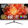 Gawfolk Monitor per computer 32 pollici 4K UHD, schermo ultra chiaro (3840×2160p), 100% sRGB, angolo di visione di 178 °, HDMI, porta display, compatibile con montaggio a parete 100 * 100 mm - nero