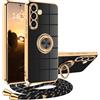 XCYYOO Cover per Samsung Galaxy A56 5G con Cordino, Custodia A56 5G Samsung con Tracolla, Case Antiurto 360°Metallo Ring Kickstand Litetettiva Auto,Cover per Samsung Galaxy A56 5G con cord -Nero