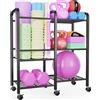 Emfogoo Supporto per Tappetino da Yoga con Ruote, 3 Livelli Rack Palestra per Palle da Ginnastica, Rulli di Schiuma e Manubri, Attrezzi Palestra Casa Rastrelliera Pesi per Casa, Palestra, Scuola(Nero)