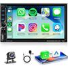 Hodozzy Wireless Carplay Android Auto 2 Din Autoradio con USB/USB C, 7 Pollici HD Schermo Stereo Auto Bluetooth/Mirror Link/AUX/FM Radio+Telecamera Retromarcia