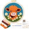 JSRQT Ricamo Starter Kit per Aghi da Punzonatura,Carino Cartone Animato Mucca Punch Needle Starter Kit con Penna a Punzone Kit per Principianti