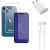 Caricatore rapido (20W), cavo (lightning), protezione dello schermo del telefono e custodia trasparente per il telefono | iPhone 13/14 | transparente
