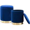 Shally Dogan Set 2 Pouf Contenitori in Velluto, Design Moderno con Fascia in Metallo, Poggiapiedi Rotondo Capiente, Sgabello Tondo con Coperchio Rimovibile e Seduta Imbottita Alta Densità (Blu)