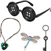 Generic 4 accessori adatti per decorazioni di compleanno Coraline, occhiali con occhi a bottone, collana chiave e clip per capelli, set di pietre verdi perfette per feste a tema cosplay e regali di compleanno