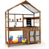 HOMASIS Cucina Giocattolo per Bambini con Tetto in Tessuto, Cucina da Esterno con Lavagna/Lavello/Rubinetto/Pentole in Legno di Abete, Regalo per Bambini dai 3+ Anni, 100 x 42 x 126 cm, Marrone