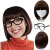 FOUNSHO Corto Bob Dritto Parrucche Caschetto Con Frange per Donna Ragazza, 14 ''/35 cm Marrone Capelli Parruccha Con Occhiali Nero, Sintetiche Corto Capelli per Halloween Costume Cosplay (Marrone)