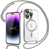Pnakqil Magnetica Cover con Cordino per iPhone 14 Pro Max, Compatibile con Magsafe Ricarica Wireless, Trasparente Placcatura Disegno Custodia con Collana con Regolabile Laccio Tracolla, Argento
