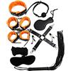 BONDAGERIE® Kit Completo di Accessori Orange in Pelle Vegana per Coppia, dieci pezzi, Manette Cavigliere Frustino Collare guinzaglio corda gàgball, sacco in raso