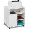 Relaxdays Carrello Porta Stampante, con 5 Scomparti e Anta, Mobiletto con Ruote per Ufficio, HxL: 66,5x60 cm, Bianco, Fibra di Legno