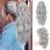 FLUFYMOOZ Ponytail Extension - Estensione per coda di cavallo, 46 cm, clip per coda di cavallo, clip ondulata per capelli a coda di cavallo, colore grigio, argento, bianco