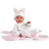 Llorens 1063598 - Bambola Bimba, con occhi azzurri e corpo morbido, bambola con abbigliamento, ciuccio, catenella e coperta da coniglio rosa, 35 cm
