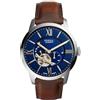Fossil Orologio analogico da uomo automatico con cinturino in pelle ME3105, Argento/Blu, Cognac, 44 mm, Orologio scheletro