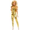 Barbie - Bambola Fashionistas n. 222, silhouette petite con capelli biondi ondulati, accessori dorati e tuta alla moda, da collezione per il 65° anniversario, giocattolo per bambini, 3+ anni, HRH19