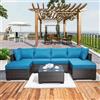 Shally Dogan Set Salotto Giardino 7 Pezzi Componibili Divano in Polyrattan con Tavolino Ripiano Vetro Temperato, Arredo Esterni, Terrazzo, Balcone, Patio, Cuscini Morbidi Imbottiti (Brown e Blu)