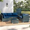 Shally Dogan Set Salotto Giardino 8 Pezzi Componibili Divano in Polyrattan con Tavolino Ripiano Vetro Temperato, Arredo Esterni, Terrazzo, Balcone, Patio, Cuscini Morbidi Imbottiti (Blu e Grigio)