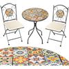 BAKAJI Set Tavolo 60 x 70 cm + 2 Sedie Pieghevoli con Decorazione Mosaico, Tavolino Resistente Salvaspazio per Arredo Esterno, Giardino, Terrazzo, Struttura in Metallo Colore Nero (Design 2)