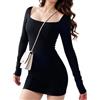 Bdfgh Abito Corto da Donna Elegante, Tubino da Donna Sexy, Mini Abito Bodycon a Maniche Lunghe a Coste con Scollo Quadrato per Feste e Club, vestibilità Slim (IT, Testo, L, Regular, Regular, Nero)