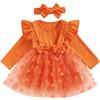 Geagodelia Bambine 2 Pezzi Abiti Outfit Farfalla Manica Lunga Principessa Vestito e Fascia Pagliaccetti Neonato per Party Battesimo Cerimonia (Arancione, 0-3 Months)
