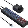 Likorlove hub USB 3.0 attivo con alimentatore 36W 10 porte 7 porte dati 3 porte ricarica veloce con interruttori compatibile con PC MacBook PS5 chiavetta USB