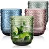 Joeyan Bicchiere Acqua Vetro Colorati, Set di 4, Bicchieri Impilabili da 360 ml Bicchiere con Fiore Moderni in Rilievo, per Succhi, Birra, Cocktail, Limonata, Succo Lavabile in Lavastoviglie