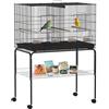 PawHut Gabbia per uccelli con divisorio Gabbia per animali domestici con ruote per uccelli Pappagalli Canarini Voliera con mangiatoia, posatoi e vassoio rimovibile 94x57x128 cm Nero