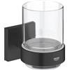 GROHE Start Cube QuickFix Bicchiere in cristallo con supporto (vetro e metallo, fissaggio nascosto, con viti e tasselli), facile da montare con GROHE QuickGlue, Nero opaco, 410972430