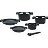 Tognana Avantspace, Set di pentole e 2 padelle antiaderenti, 3 casseruole, 3 coperchi trasparenti, salvaspazio con manico amovibile, 8 Pezzi, Alluminio, Nero, per gas e induzione