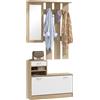 HOMCOM Mobile Appendiabiti 3 in 1 con Scarpiera e Specchio, Ganci e Cassetti, in Legno, 90x24x177 cm, Bianco e Quercia