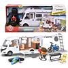 Dickie Toys - Playlife Camper Set, Hymer B-Class Motorhome, con pannello, porta laterale, gavone e tetto apribili, Incluso personaggio, E-Bike, BBQ con luci, paddling, tavolo con sedia
