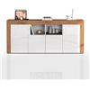 WHOUS Credenza e Buffet CHRONOS per Soggiorno con 4 Ante e 2 Vani, Madia per Salotto, Cucina e Sala da Pranzo in Legno, 200x40x85 cm, Bianco Lucido e Rovere