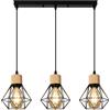 DAXGD 3 Luci Lampada a Sospensione, E27 Lampada a Soffitto in Metallo e Legno, Nero Illuminazione Lampadario a Sospensione E27 per Camera da Letto, Sala da Pranzo, Cucina, Soggiorno (Senza Lampadine)