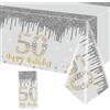 POPOYU Tovaglia 50° compleanno, Happy 50° compleanno, tovaglia in argento e oro, decorazione da tavolo per 50° compleanno, 137 x 274 cm, rettangolare, impermeabile, tovaglia per tutti i 50° compleanno,