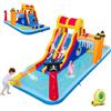 GYMAX Scivolo d'Acqua Gonfiabile, Parco Acquatico 6-in-1 per Bambini con Parete da Arrampicata, Piscine per Schizzi, Include Picchetti, Kit di Riparazione & Borsa da Trasporto