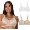PLAYTEX Reggiseno da donna E52E 18 ore con chiusura anteriore extra per supporto posteriore senza fili, singolo o 2 pezzi, Bianco/Nude, confezione da 2, 7D