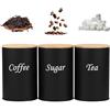 shaojian Set di 3 barattoli per caffè, tè, zucchero, 1000 ml, in metallo nero, con coperchio ermetico in bambù e segnaposto, design semplice da cucina (nero, cilindro)