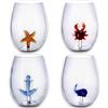 KORAT Set 4 Bicchieri in Vetro Soffiato con Figure Marine in Rilievo Bicchieri da Acqua o Cocktail con a Tema Marino Design Nautico, Fatti a Mano, Capacità 50 Cl, Ristorante, Estate, Bicchiere in 3D