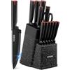 FOHERE 13 Pezzi Set di Coltelli da Cucina in Acciaio Inossidabile con Affilatrice Set Coltelli da Tavolo Professionali con Blocco,Granito Nero