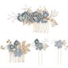 HYRKOTW 4 pettini per capelli con piastra in foglia d'oro, pettine per capelli da sposa, pettine con fiori di perle, pettine con strass, accessori per capelli da sposa, semplice ed elegante (blu)