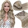 LaaVoo Extension per capelli veri con clip, 7 pezzi, 120 g, 35,5 cm, colore castano chiaro e bianco biondo Remy, extension a doppia trama #p8/24