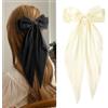 ZOUIQSS 2 fermagli per capelli grandi con fiocco, lunghi e morbidi, in raso, con fiocco francese, accessori per capelli (nero + bianco)