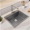 CECIPA Lavello da Cucina Grigio 55x45cm, Lavello in Granito 80% Quarzo Sabbia, Lavello da Incasso a 1 Vasca, Lavello da Cucina Con Sifone e Scarico Sopraelevato