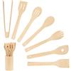 Geluode Set di 8 utensili da cucina in bambù, antiaderenti con supporto, include cucchiaio da cucina, spatola, forchetta, pinze da cucina, facili da pulire.