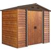 Outsunny Casetta da Giardino 3m² in Acciaio Zincato con Fori di Drenaggio Prese d'Aria, Capanno Porta Attrezzi con Tetto Inclinato, Doppie Porte Scorrevoli Bloccabili, Design Effetto Legno, Marrone