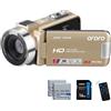 ORDRO Videocamera Full HD 1080P 30 MP, zoom digitale 18x, visione notturna a infrarossi su YouTube da 3,0 pollici, schermo girevole a 270° con scheda da 16 GB e 2 batterie Vlogging Camera (oro)